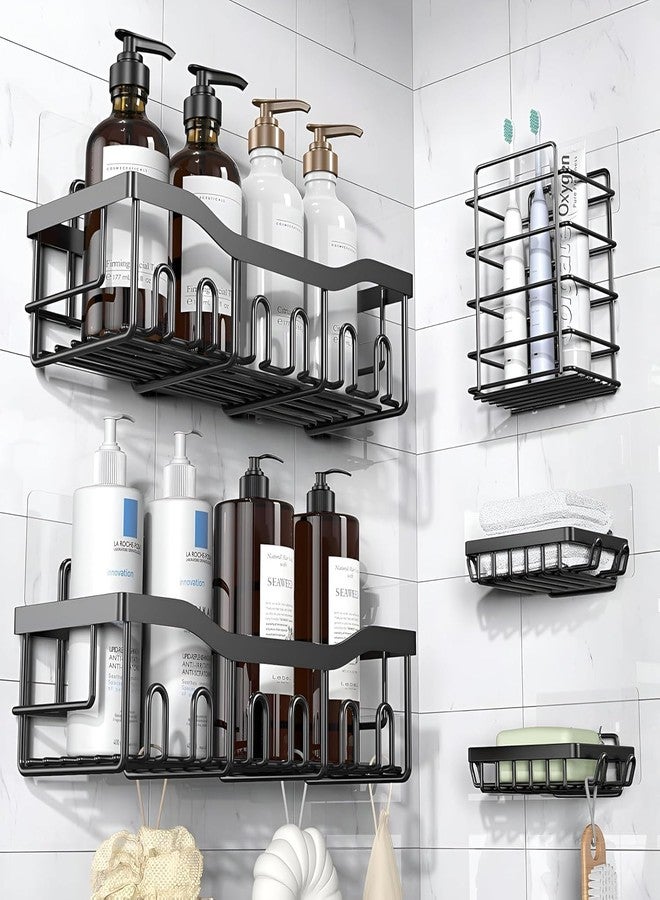 RAYMOX 5 in 1 Self Adhesive Shelf Organizer Combo/Metal Racks and Shelves for Wall/Stand for Bathroom Without Drill/Soap Holder with Tooth Brush Holder/Bathroom Accessories (Black) - Image 1